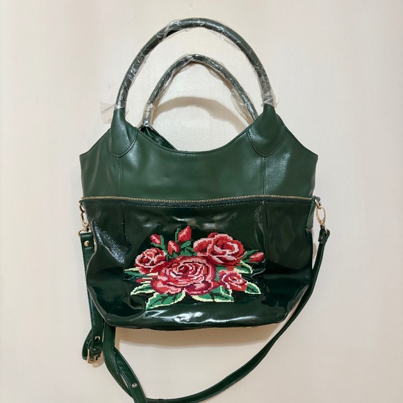 Sharif Patent Leather Needlepoint Rose Tote Shoulder Bag Purse Dark Green - Picture 1 of 7